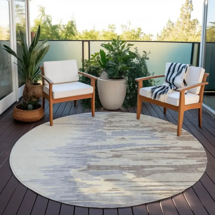 8' Beige Brown And Gray Round Abstract Washable Indoor Outdoor Area Rug