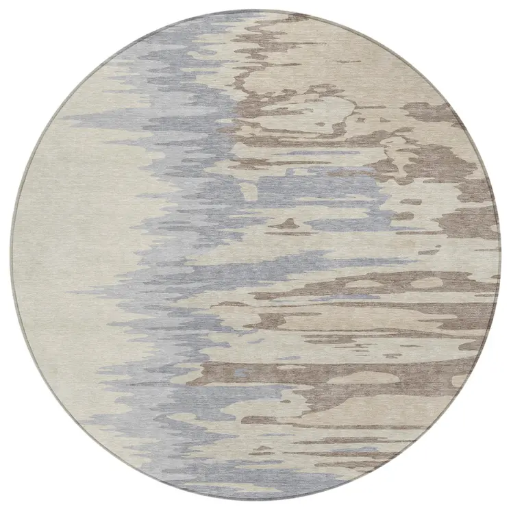 8' Beige Brown And Gray Round Abstract Washable Indoor Outdoor Area Rug