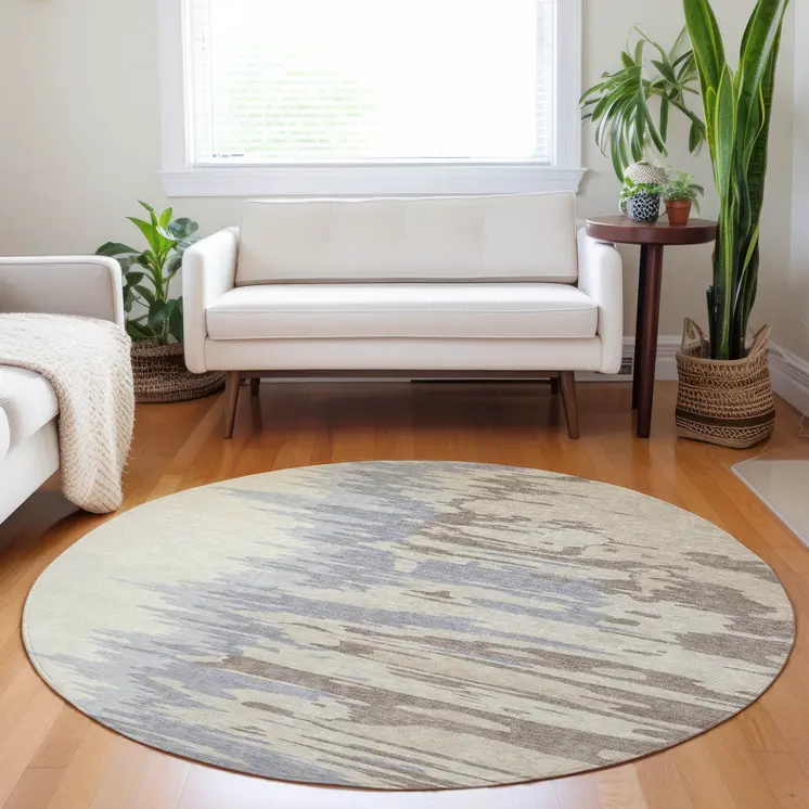 8' Beige Brown And Gray Round Abstract Washable Indoor Outdoor Area Rug
