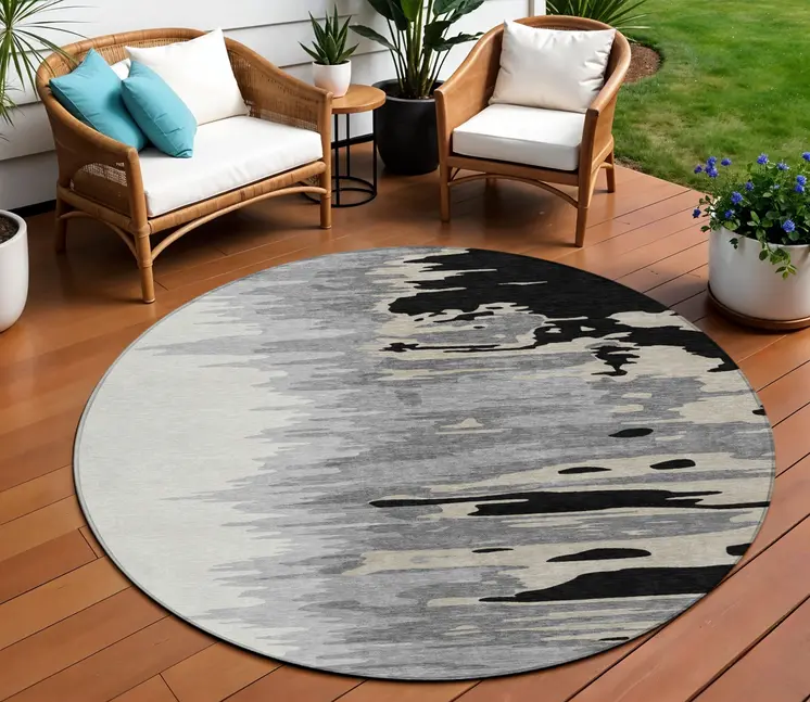 8' Black Gray And Ivory Round Abstract Washable Indoor Outdoor Area Rug