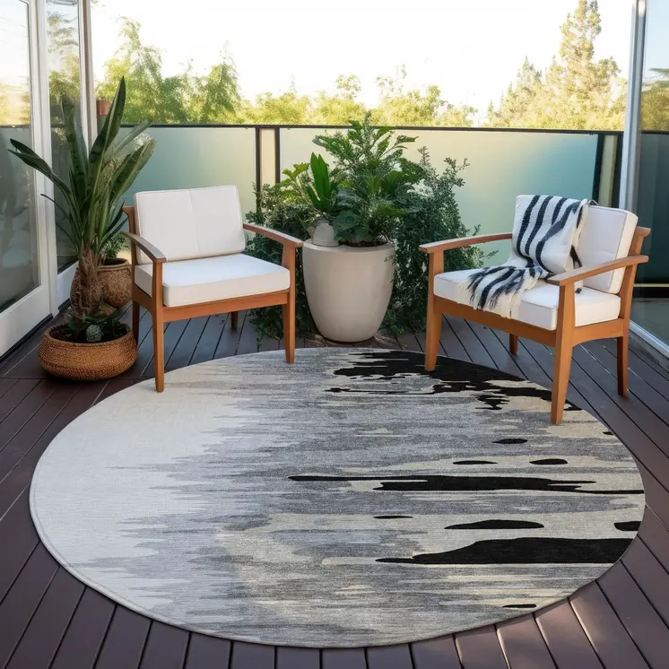 8' Black Gray And Ivory Round Abstract Washable Indoor Outdoor Area Rug