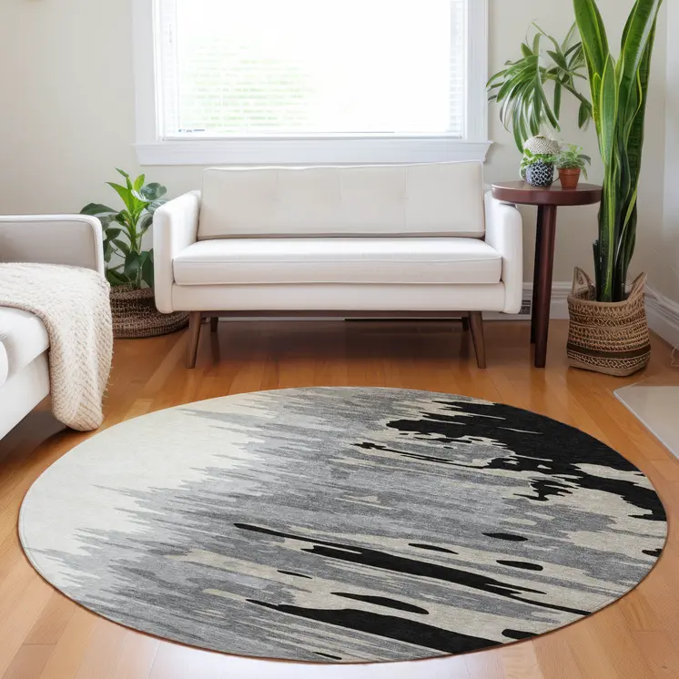 8' Black Gray And Ivory Round Abstract Washable Indoor Outdoor Area Rug