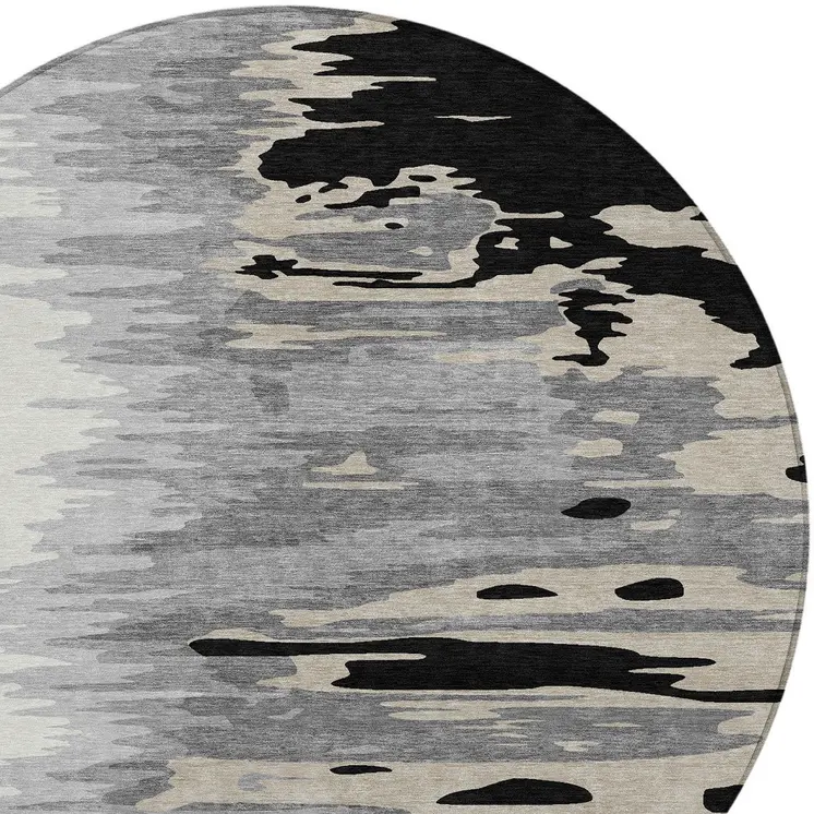 8' Black Gray And Ivory Round Abstract Washable Indoor Outdoor Area Rug