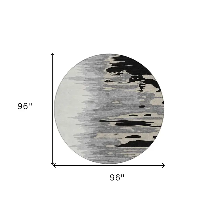 8' Black Gray And Ivory Round Abstract Washable Indoor Outdoor Area Rug