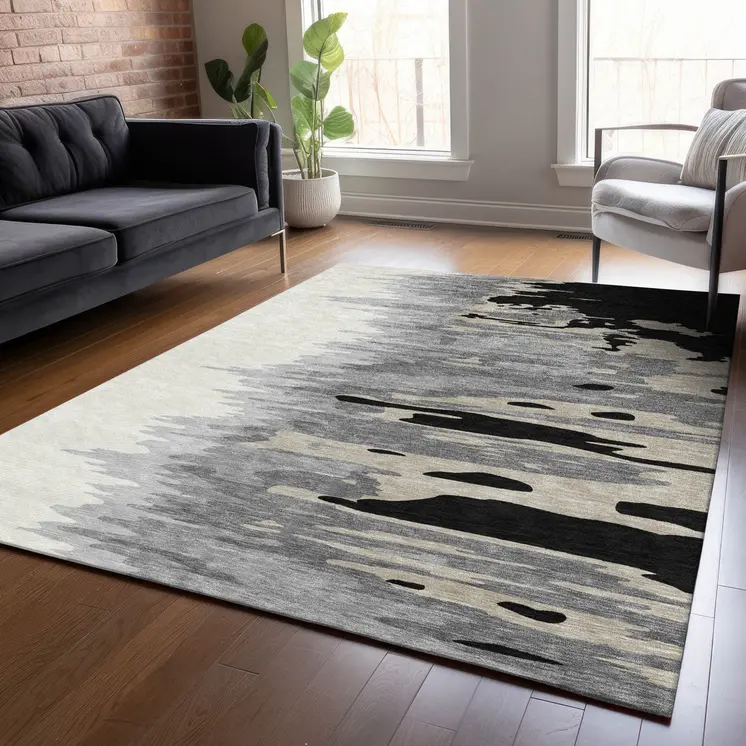 8' X 10' Black Gray And Ivory Abstract Washable Indoor Outdoor Area Rug