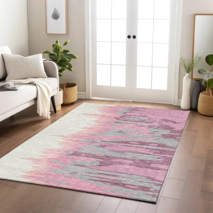 5' X 8' Blush Beige And Gray Abstract Washable Indoor Outdoor Area Rug