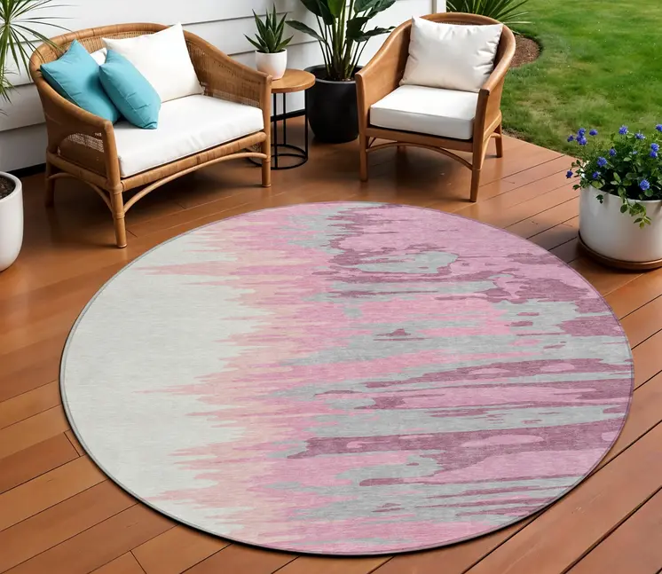 8' Blush Beige And Gray Round Abstract Washable Indoor Outdoor Area Rug