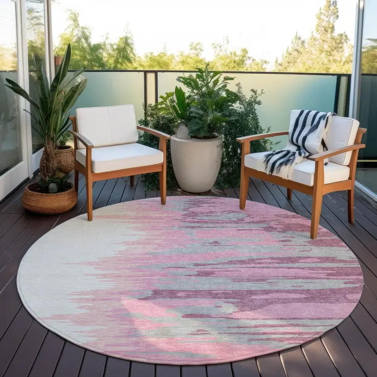 8' Blush Beige And Gray Round Abstract Washable Indoor Outdoor Area Rug