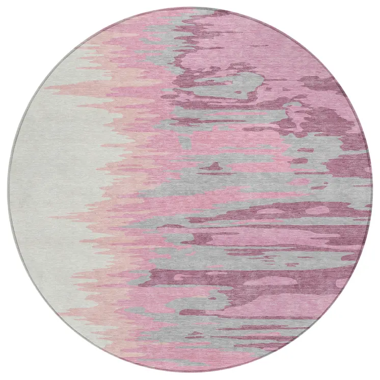 8' Blush Beige And Gray Round Abstract Washable Indoor Outdoor Area Rug