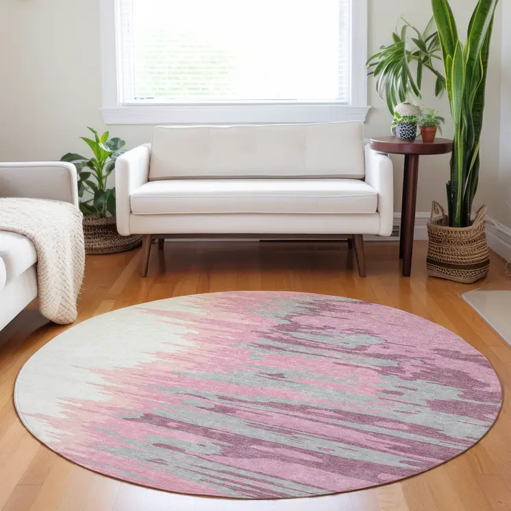8' Blush Beige And Gray Round Abstract Washable Indoor Outdoor Area Rug
