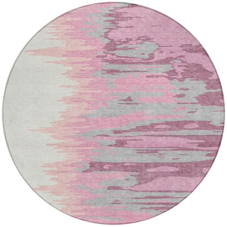 8' Blush Beige And Gray Round Abstract Washable Indoor Outdoor Area Rug