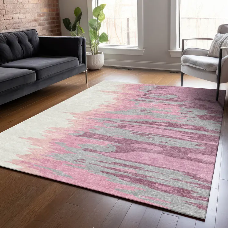 9' X 12' Blush Beige And Gray Abstract Washable Indoor Outdoor Area Rug