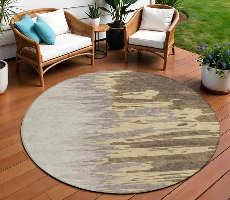 8' Coffee Beige And Tan Round Abstract Washable Indoor Outdoor Area Rug