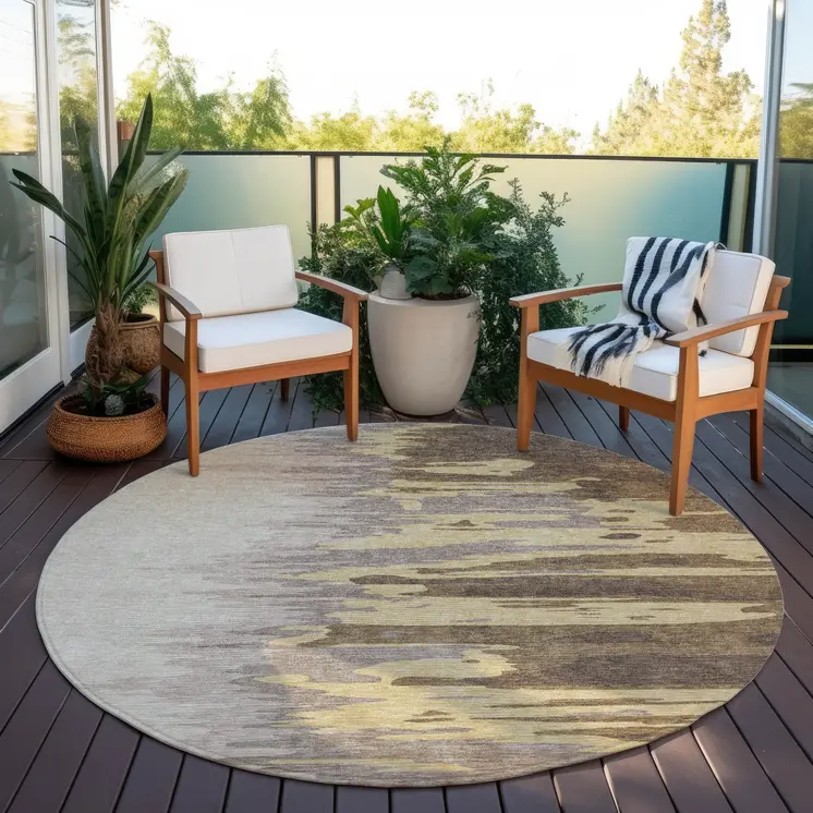 8' Coffee Beige And Tan Round Abstract Washable Indoor Outdoor Area Rug