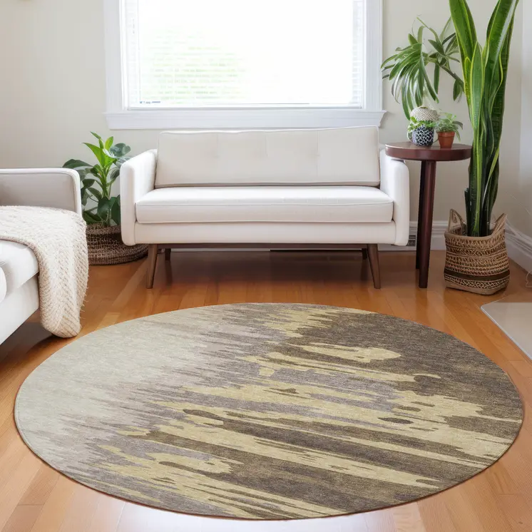 8' Coffee Beige And Tan Round Abstract Washable Indoor Outdoor Area Rug