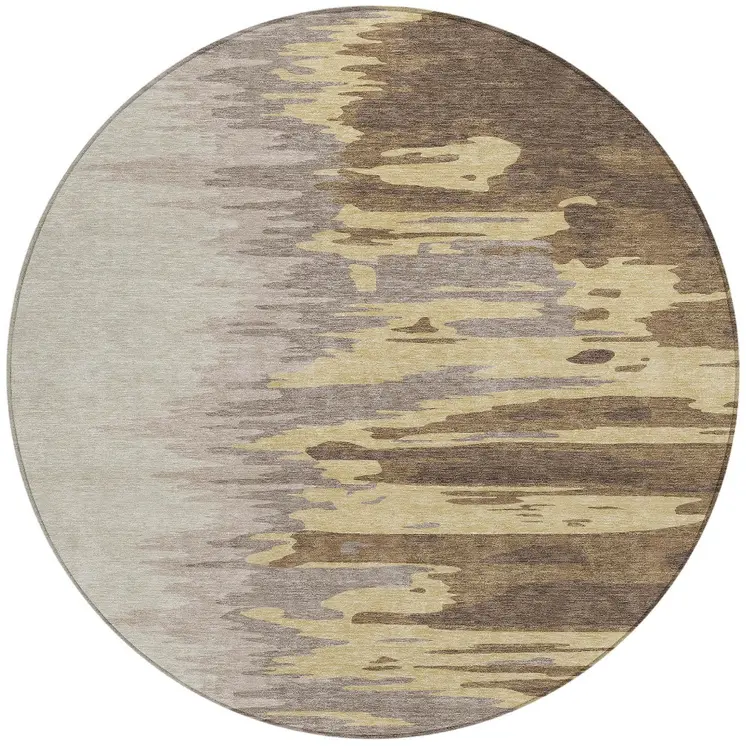 8' Coffee Beige And Tan Round Abstract Washable Indoor Outdoor Area Rug