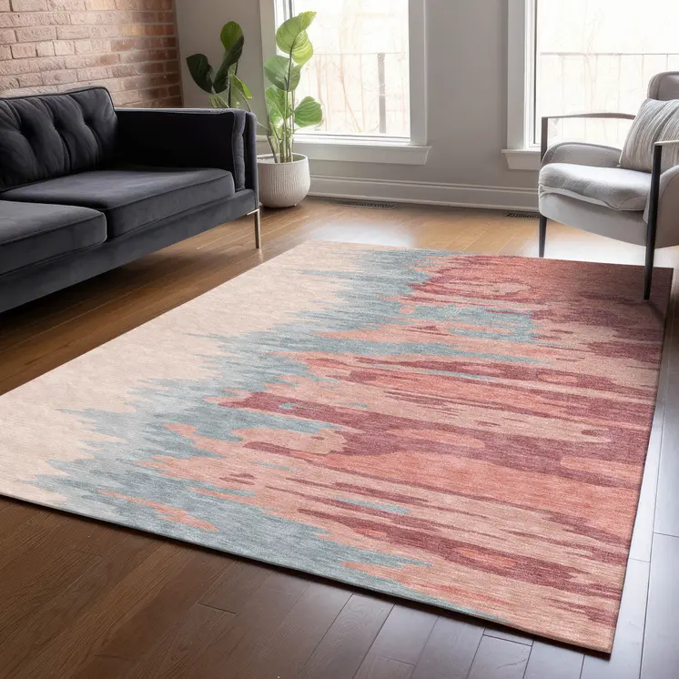 3' X 5' Coral Pink And Gray Abstract Washable Indoor Outdoor Area Rug