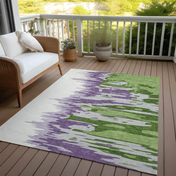 3' X 5' Green Purple And Ivory Abstract Washable Indoor Outdoor Area Rug