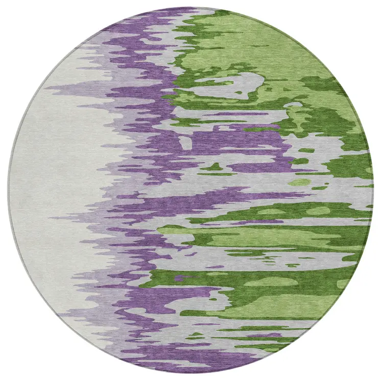 8' Green Purple And Ivory Round Abstract Washable Indoor Outdoor Area Rug