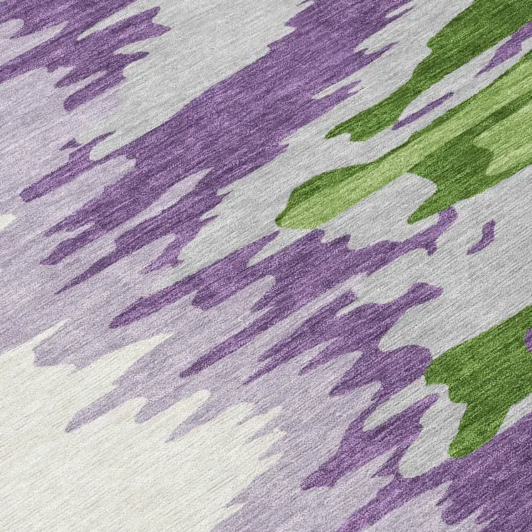 8' Green Purple And Ivory Round Abstract Washable Indoor Outdoor Area Rug