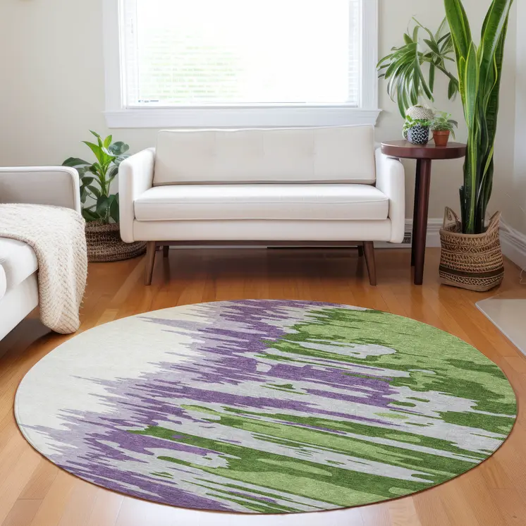 8' Green Purple And Ivory Round Abstract Washable Indoor Outdoor Area Rug