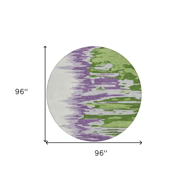 8' Green Purple And Ivory Round Abstract Washable Indoor Outdoor Area Rug