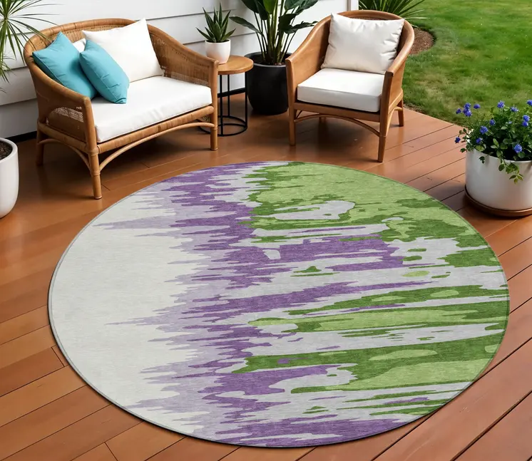 8' Green Purple And Ivory Round Abstract Washable Indoor Outdoor Area Rug