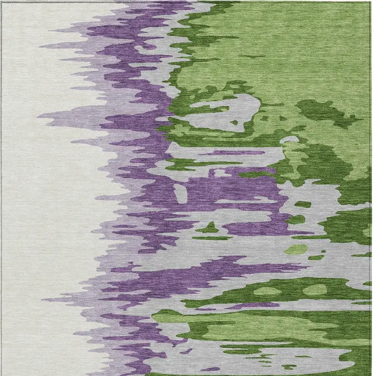 10' X 14' Green Purple And Ivory Abstract Washable Indoor Outdoor Area Rug