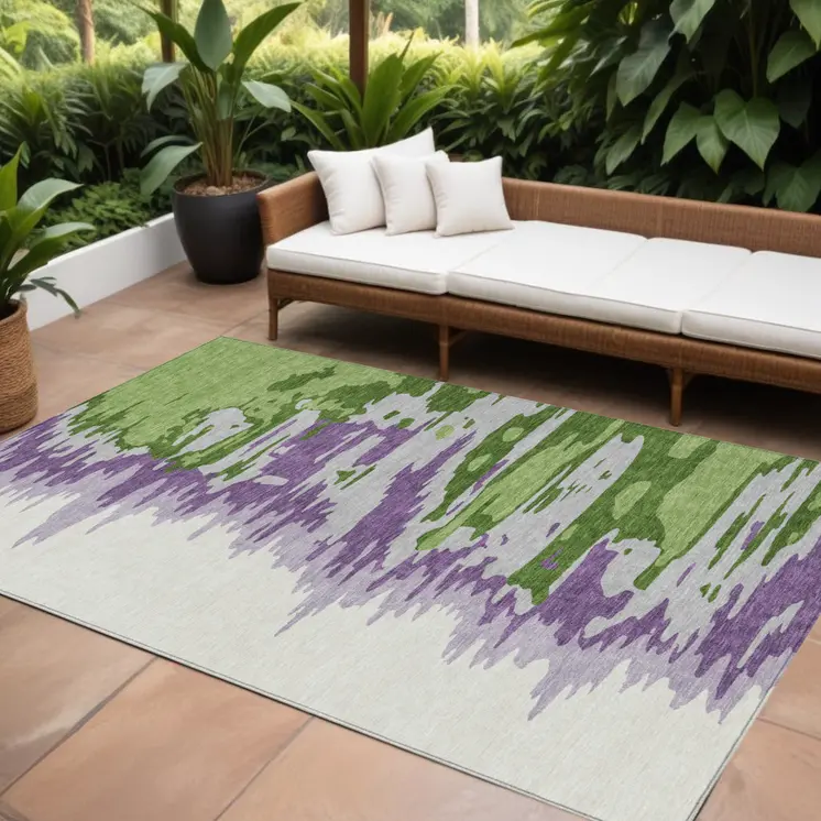 10' X 14' Green Purple And Ivory Abstract Washable Indoor Outdoor Area Rug