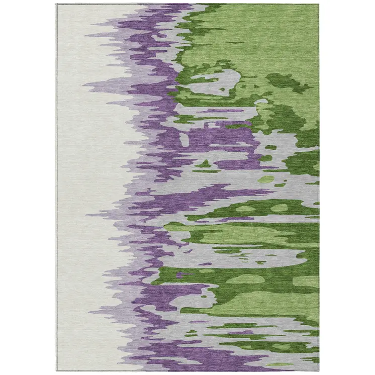 10' X 14' Green Purple And Ivory Abstract Washable Indoor Outdoor Area Rug