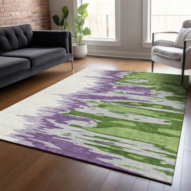 10' X 14' Green Purple And Ivory Abstract Washable Indoor Outdoor Area Rug