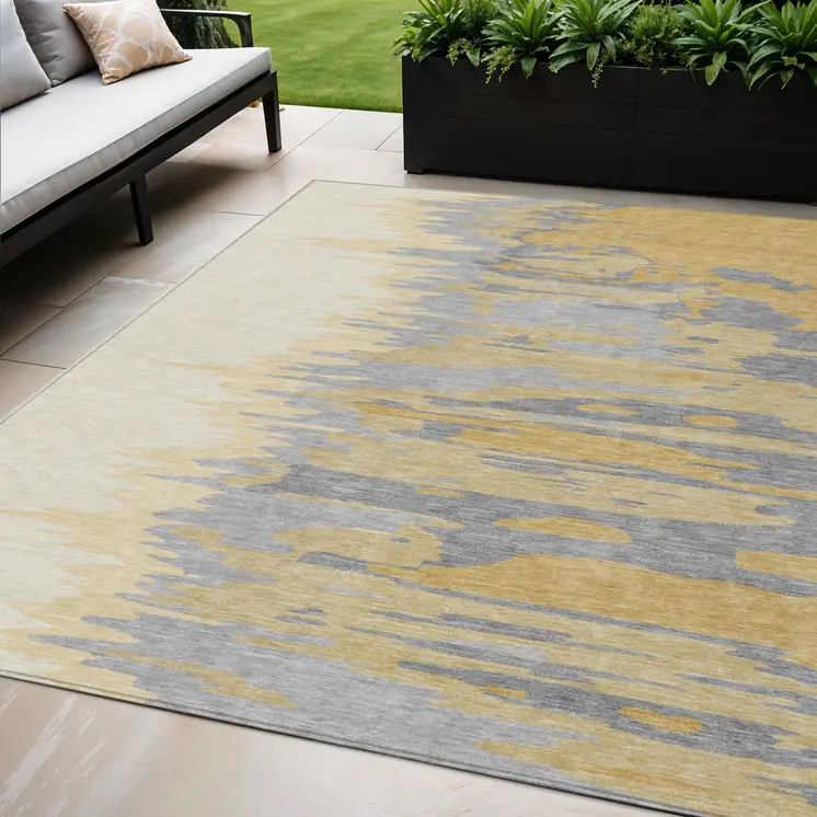 5' X 8' Gold Gray And Beige Abstract Washable Indoor Outdoor Area Rug