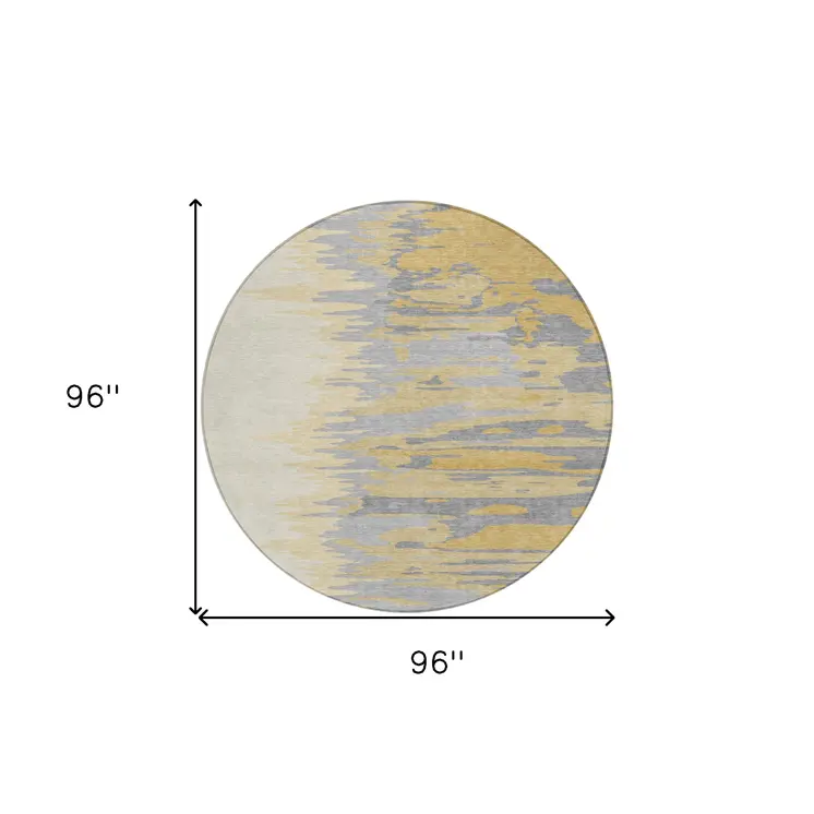 8' Gold Gray And Beige Round Abstract Washable Indoor Outdoor Area Rug