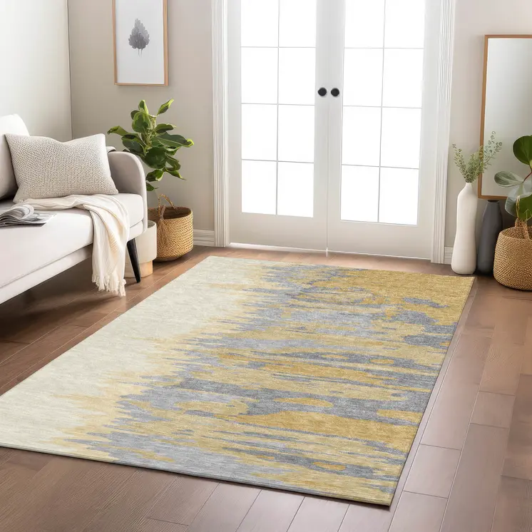 10' X 14' Gold Gray And Beige Abstract Washable Indoor Outdoor Area Rug