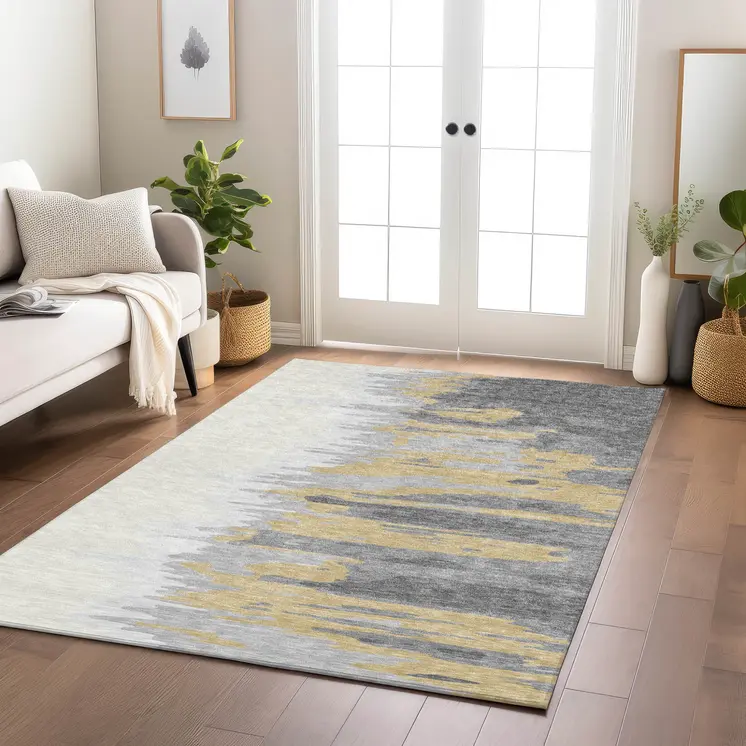 10' X 14' Gray Charcoal And Tan Abstract Washable Indoor Outdoor Area Rug