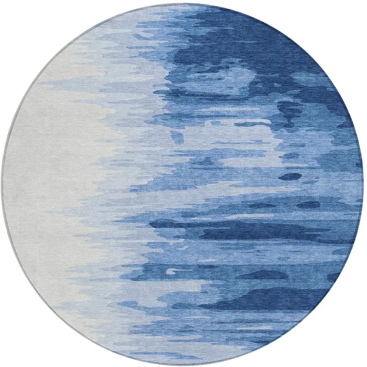 8' Navy Blue And Ivory Round Abstract Washable Indoor Outdoor Area Rug