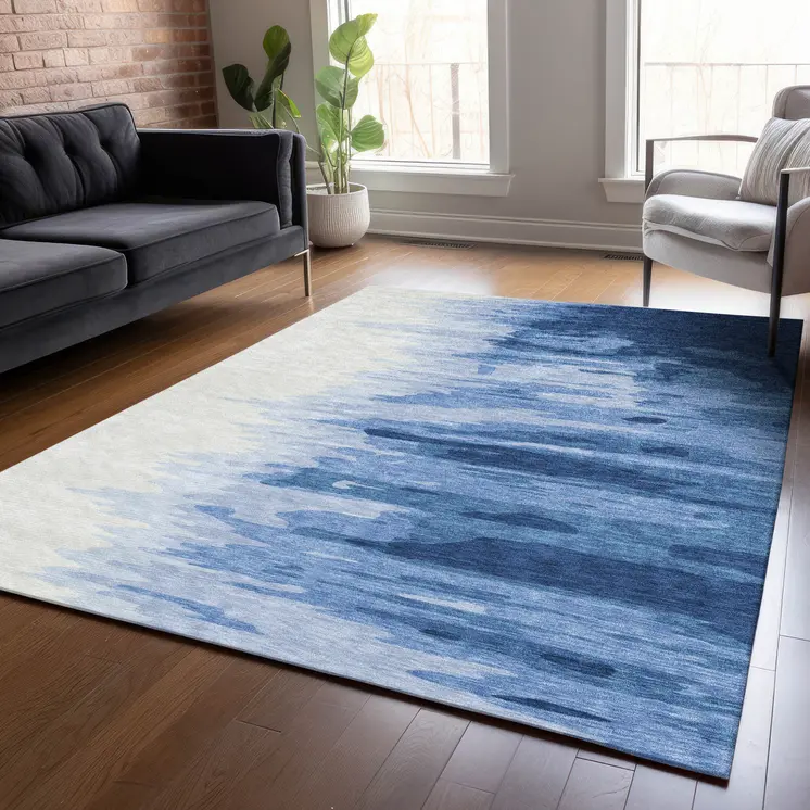 9' X 12' Navy Blue And Ivory Abstract Washable Indoor Outdoor Area Rug