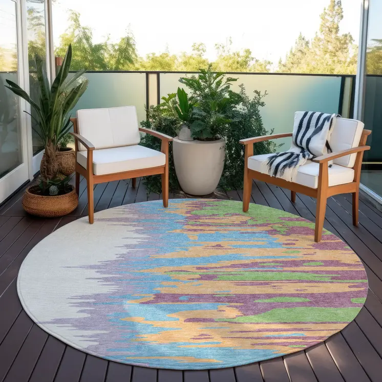 8' Peach Purple And Green Round Abstract Washable Indoor Outdoor Area Rug
