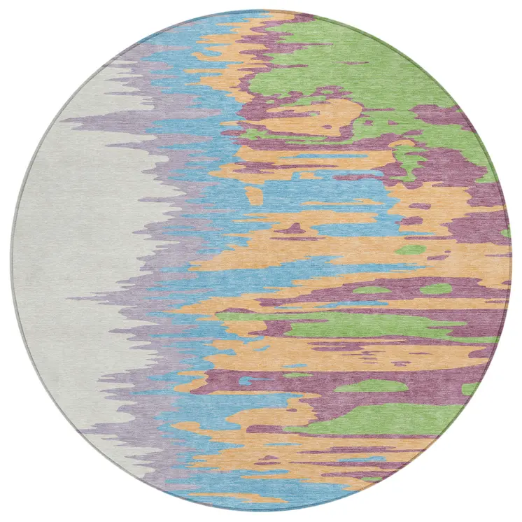 8' Peach Purple And Green Round Abstract Washable Indoor Outdoor Area Rug