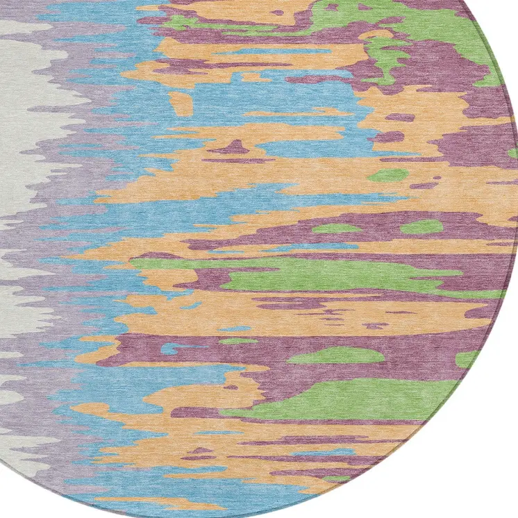 8' Peach Purple And Green Round Abstract Washable Indoor Outdoor Area Rug