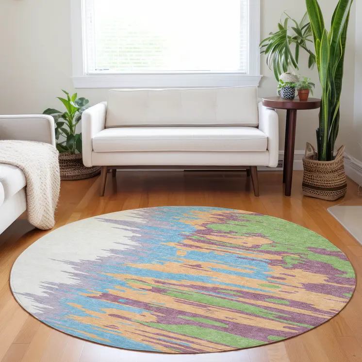 8' Peach Purple And Green Round Abstract Washable Indoor Outdoor Area Rug