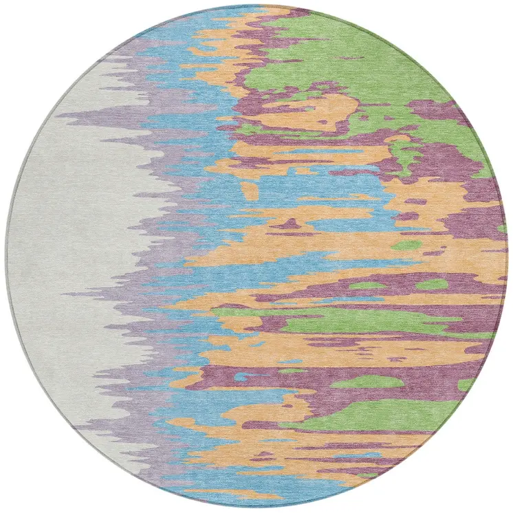 8' Peach Purple And Green Round Abstract Washable Indoor Outdoor Area Rug