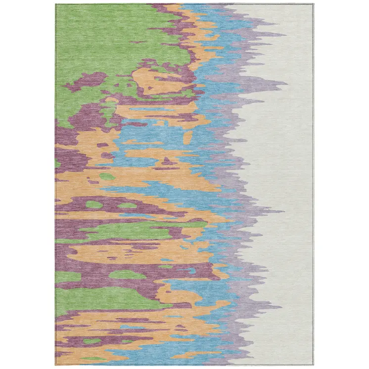 10' X 14' Peach Purple And Green Abstract Washable Indoor Outdoor Area Rug