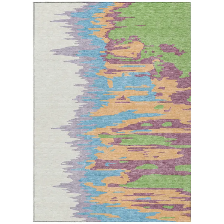 10' X 14' Peach Purple And Green Abstract Washable Indoor Outdoor Area Rug