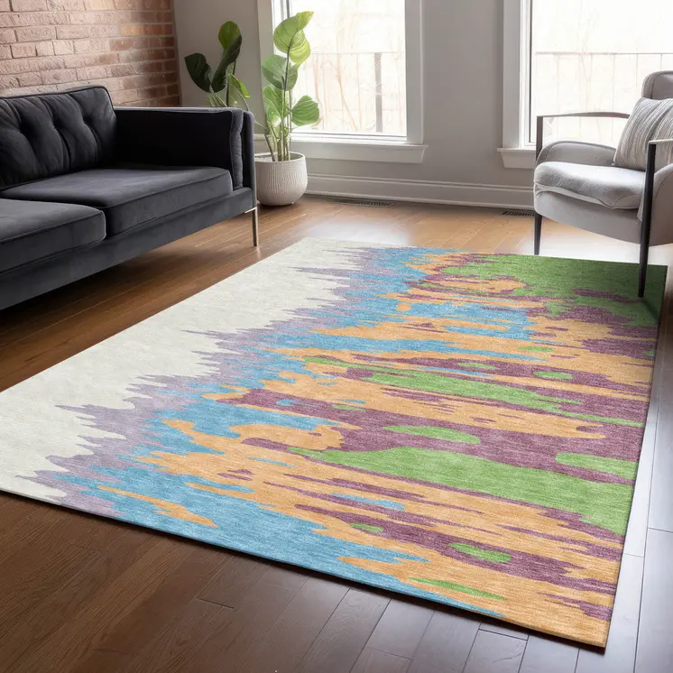 10' X 14' Peach Purple And Green Abstract Washable Indoor Outdoor Area Rug