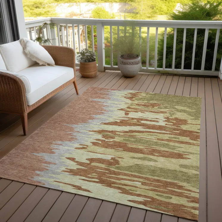 3' X 5' Rust Gray And Green Abstract Washable Indoor Outdoor Area Rug