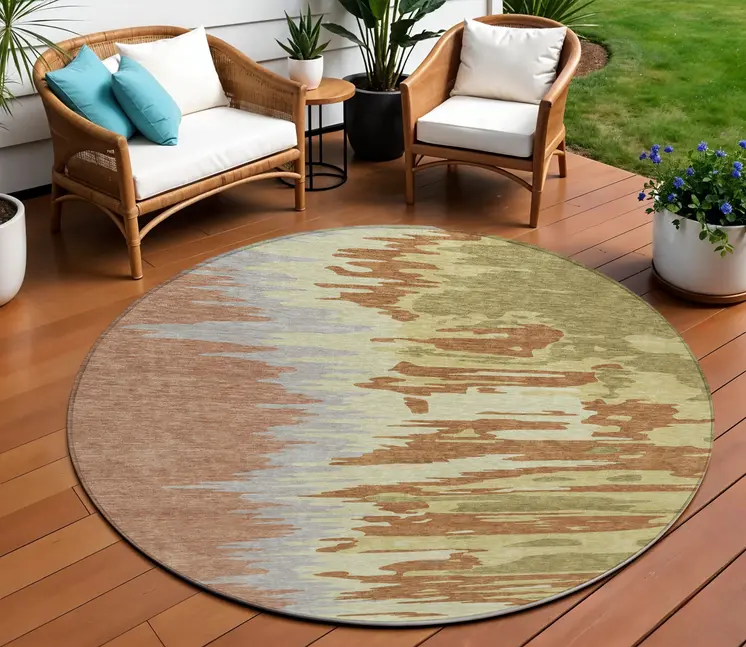8' Rust Gray And Green Round Abstract Washable Indoor Outdoor Area Rug