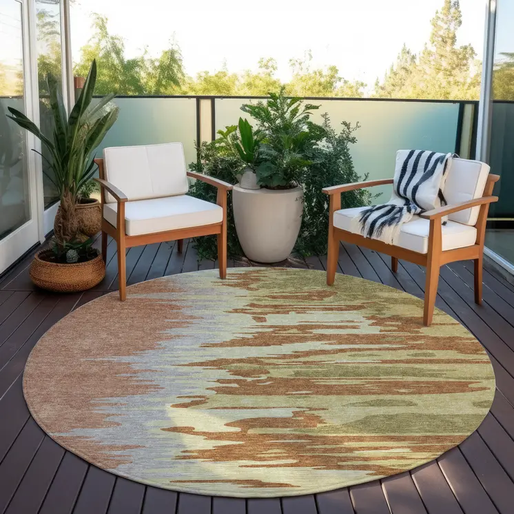 8' Rust Gray And Green Round Abstract Washable Indoor Outdoor Area Rug