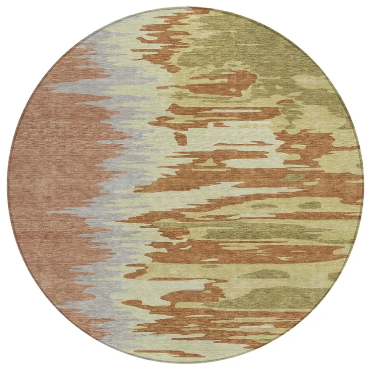 8' Rust Gray And Green Round Abstract Washable Indoor Outdoor Area Rug