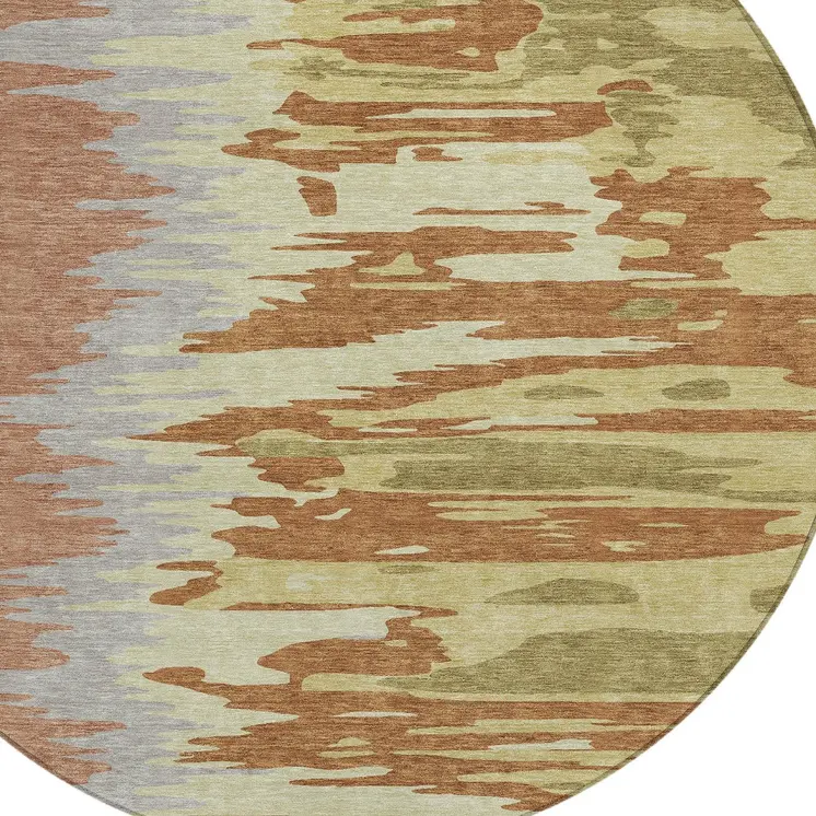 8' Rust Gray And Green Round Abstract Washable Indoor Outdoor Area Rug